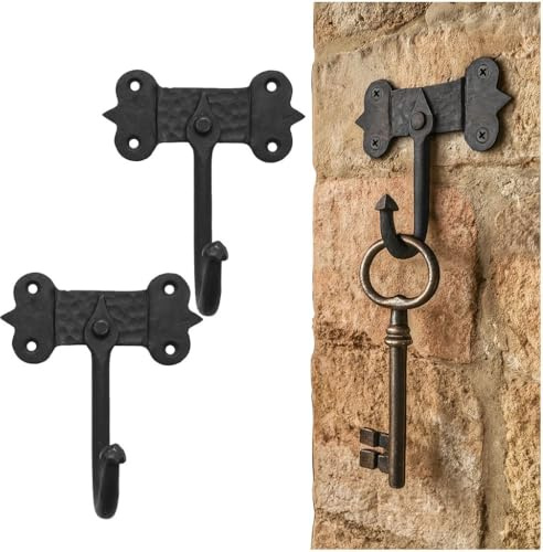Mystic Colonial Medieval Hand-Forged Iron Wall Hooks Set of 2 (4 in x 5 in) Rustic Coat Hooks | Heavy Duty Black Antique Hangers with Mounting Hardware | Vintage Wall Hooks for Bags, Towels & Keys