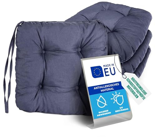 Pillows24 4X Sitzkissen Outdoor 40x40, 8cm dick, Wasser- & UV-beständig | Bändern, Bequeme Stuhlkissen, Stuhlauflage Sitzpolster, Sitzauflage Gartenstuhl, Extra dicke Sitzkissen Stuhl blau