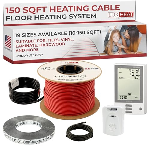 LuxHeat 150sqft Floor Heating Cable Kit - 120v Heated Flooring Kit - Heated Flooring System Includes UDG Programmable Thermostat w/GFCI, Radiant Floor Heating Cable, Strapping, Sensor & Alarm