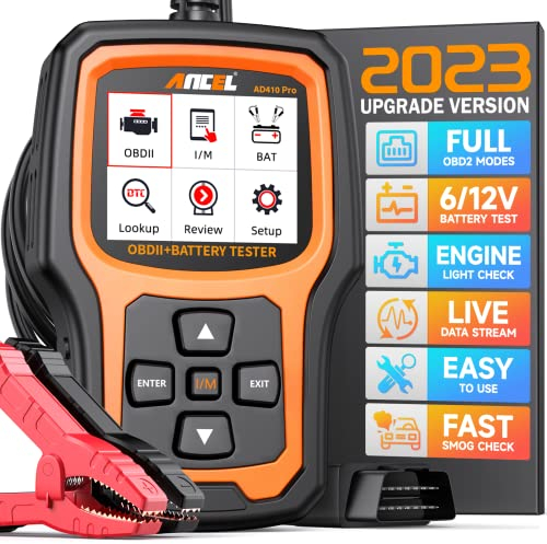 ANCEL AD410PRO OBD2 Diagnosegerät Auto Batterietester 2 in 1, Autobatterie Tester mit OBD2 Funktionen, 12V 24V 100-2000CCA Batterie/Kurbeln/Laden Test, für Alle Auto Motor und Batterie