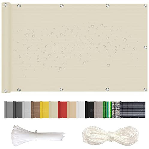 MAIFENGL Balkon Sichtschutz Balkonabdeckung Balkonverkleidung Blickdichte UV-Schutz Wetterfest Polyester, mit Ösen, Kabelbinder & Korde- Beige|| 100x300cm