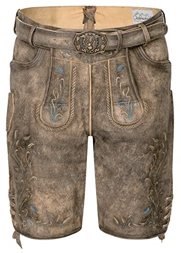 Schöneberger Trachten Lederhose Herren kurz | Original Wildbockleder Trachtenlederhose Antik inkl. Trachtengürtel | Vintage Trachtenhose Theo (52)