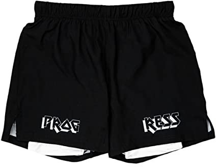 Progress BJJ - Pantaloncini da combattimento Jiu Jitsu Bengal Hybrid No Gi Grappling - Nero/Bianco (Large)