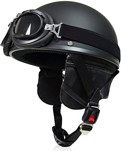 Motorcykel Halv Open Face Hjälm Med UV-glasögon Retro Tysk Stil Motorcykel Jet Halvhjälm Skull Cap Platt Hjälm ECE/DOT Godkänd Lokmopedhjälm (Color : A, Size : XL(61~62cm))