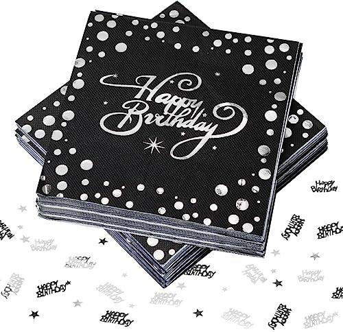 40 Stück Servietten Happy Birthday, Servietten Geburtstag Schwarz Silber, Schwarz Folierte Geburtstagsservietten, Schwarz Silber Deko Geburtstag, 33x33cm für Junge Mädchen Geburtstag Party Deko
