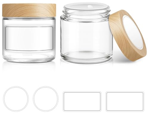 2 Pack 4 oz Small Glass Jars with Plastic Woodgrain Lids & Inner Liner