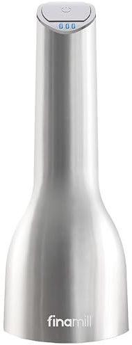 FinaMill USB Rechargeable Pepper Mill & Spice Grinder | Adjustable Coarseness, Ceramic Grinding Elements, One Touch Operation with LED Light | Includes 2 Quick-Change PRO Plus Pods | Stainless Steel