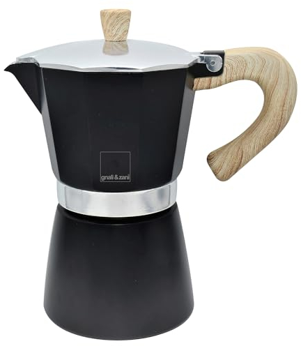 Gnali & Zani Venezia Espressokocher | Schwarz | Für 9 Tassen | Alle Herdarten inklusive Induktion | Aluminium Espresso kocher | Griffe aus Softtouch-Kunststoff in Holzoptik | Camping Kaffeekocher
