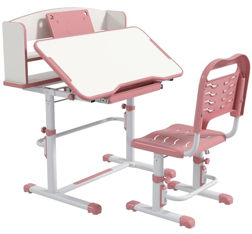 ZONEKIZ Kids Desk and Chair Set Height Adjustable for Ages 6-12 Years Pink