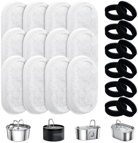 Tekenewbse Filter kattfontän, 12 stycken filter + 12 stycken skumfilter, aktivt kolfilter, hårfilter, trippel filtrering för vattendispenser fontän 2L/3,2 L/4 L