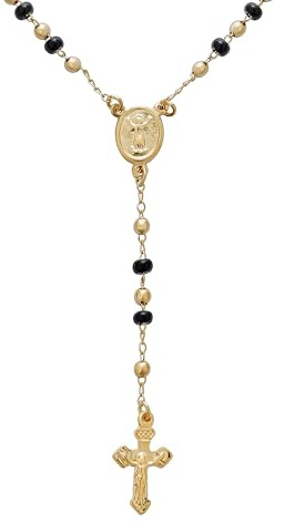 Bling Jewelry Rosario Religioso Con Perle Nere E Dorate Benedetto Con La Vergine Maria Crocifisso E Croce In Collana Per Donne Adolescenti Placcata In Oro 18K