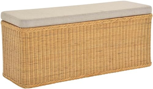 Krines Home Breiter Rattan Wäschekorb 115cm mit Deckel Wäschetruhe XXL Sitzbank schmal Flur Bank Sitzhocker Wäschesammler Sitz-Truhe Natur (Honig, Rechteckig 115cm)