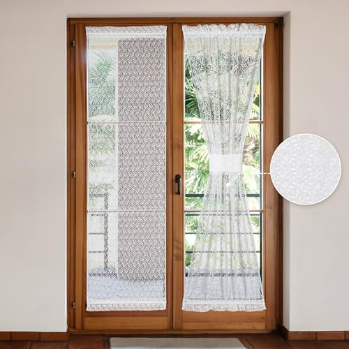 2er-Set, durchsichtige weiße Vorhänge für französische Türen, 64 x 183 cm, botanische Voile-Vorhänge mit Zweigen und Blättern, für französische Terrassentüren aus Glas, Raffhalter enthalten
