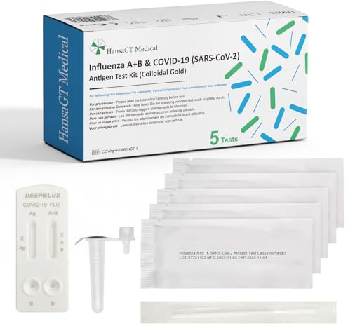 HansaGT Medical Corona Schnelltest und Grippe Test für Zuhause Covid 19 & Influenza A/B Combo Rapid Test Cassette, Antigen Selbsttest 5 Stück (1er Pack) + E-Book