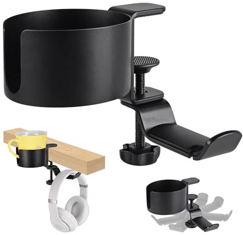 Fockety Portavasos de Escritorio 2 en 1, Portavasos de Escritorio de Protección de Seguridad, Suspensión para Auriculares para Uso Doméstico (BLACK)