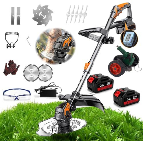 Taglia Bordi A Batteria Con 4 Tipi Di Lame, Taglia Erba Da Giardino Elettrico Senza Fili Con 2 Batterie, Tosaerba A Batteria 24v,Maniglia A Scomparsa E Rotazione Della Testa Di 90° (Niente ruote)