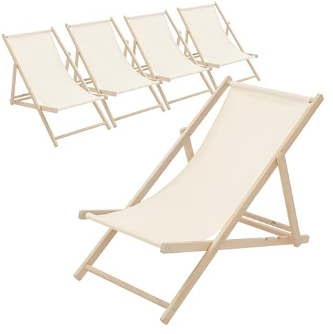 ECD Germany 5er Set Liegestuhl klappbar Beige, aus Holz, Sonnenliege mit 3-Fach Verstellbarer Rückenlehne, Strandliege bis 120 kg, Gartenliege, Strandstuhl, Relaxliege für Garten, Balkon & Terrasse