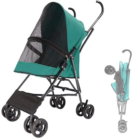 FUIERI Hundewagen Hundebuggy Hunde Katzen, Hundebuggy bis 10kg, Regenschirmstruktur Leichter Hundewagen für Kleine Hunde Wagen Buggy Atmungsaktive,Grün