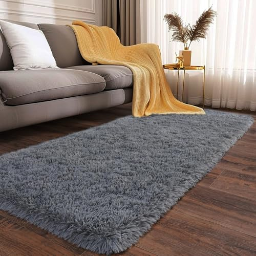 XUEDNGM Hochflor Teppich Wohnzimmer Shaggy Flauschig 70 x 110 cm Anti-Rutsch Unterseite, Weich, Pflegeleicht, Robust, Flauschige Weicher Und Flauschiger Teppich Teppiche Carpet, Grau