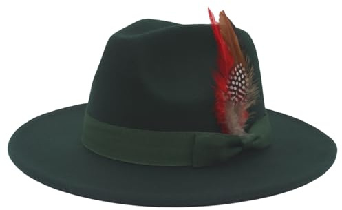 DELIMALI Women Men Retro Fedora Feather Decor Hat Wide Brim Wool Felt Cap Jazz Hat Panama Floppy Elegant Hat Party Wedding (A-Atrovirens, ONE Size)
