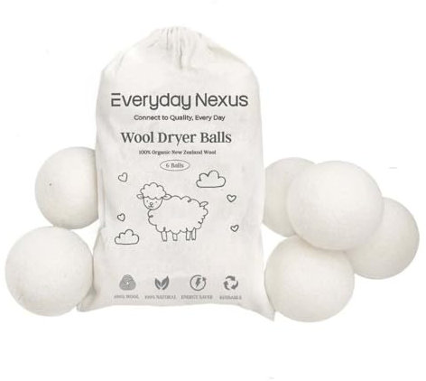 Everyday Nexus Lot de 6 balles de séchage en laine de Nouvelle-Zélande 100 % bio - Adoucissant naturel respectueux de l'environnement - Réduit le temps de séchage - Alternative réutilisable avec sac
