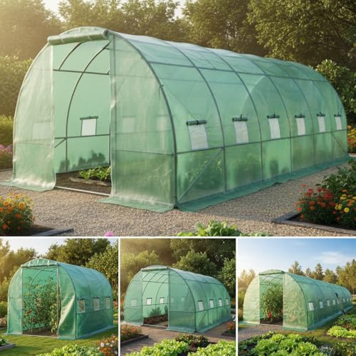 BRAST Gewächshaus Foliengewächshaus mit Stahlfundament | 2x3m - 3x8m | inkl. Erdanker Unkrautvlies & 12 Aufrollbare Fenster mit Moskitonetz | UV-stabilisierte Gitterschutzfolie 200g/m² | 300x600cm
