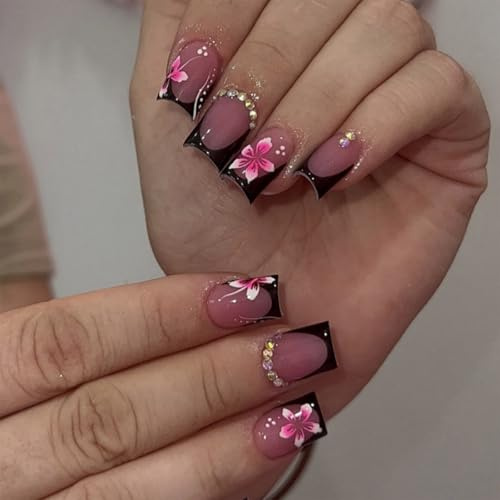 Calkkrer 24 pièces Faux Ongles Noirs pressés, Motif Floral, Ongles carrés Courts, Pointes de Faux Ongles ornées de Cristaux