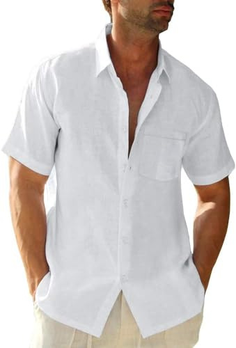 Glacspyg Camisa de Lino Manga Corta para Hombre Casual de Trabajo Entallada para Negocios y Vacaciones de Verano Playa con Bolsa Blanco