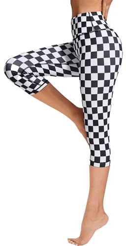 FLYILY Capribyxor sportleggings löpning tights hög midja bandage stretch fitness yogabyxor, Svartvit, M