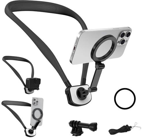 LPQKCcY Magnetic Neck Mount for All Phones Camera, Multiple Angles Neck Phone Holder POV/Vlog Filming Selfie Mount Hand Free Kit Chest Stand Strap Video Recording for GoPro for DJI (Black)