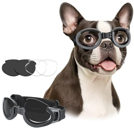 PETLESO Dog Goggles Medium Breeds, Clear UV Protection Dog Sunglasses with Black Replaceable Lenses, Adjustable Doggy Glasses for Outdoor Activities Hiking/Camping Windproof Pet Eyewear