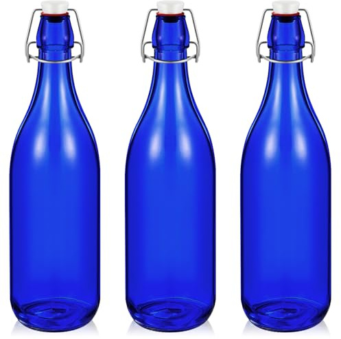 Teenyyou 3 Pcs Cobalt Blue Glass Bottles, 33.75 oz Swing Top Airtight | Flip Top Glass Bottle with Airtight Lid, Leak Proof Storage, Decorative Bottle for Bottle Tree Garden Centerpieces Decor