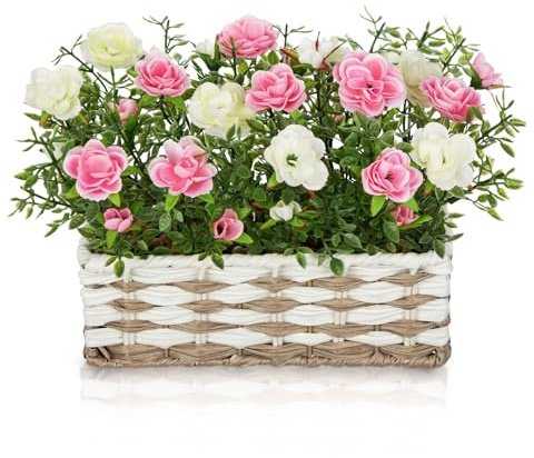 Arborus Artificial Flowers in Pots Faux Pink Rose Arrangement with Rustic Pot Realistic Silk Flowers with Greenery Spring Table Centrepiece for Home Desk Balcony Windowsill Spring Décor