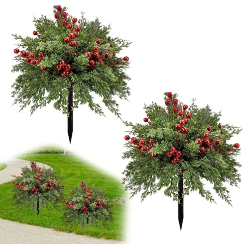 Set of 2 23'' Artificial Christmas Topiary Ball Flowers for Outdoor Decoration Christmas Artificial Pine Branches with Red Berry Stems，Faux Evergreen Norfolk Pine Cypress Leaves Stems for Garden
