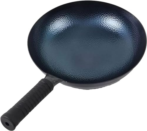 WOTZOV Wok in Ferro Pre-stagionato, Padella Tradizionale Martellata per soffriggere con Manico, Wok Antiaderente a Fondo Tondo, Meno Olio per Una Cucina Sana，36cm