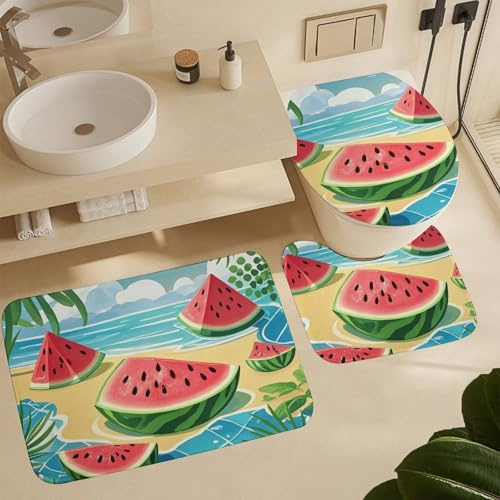 rutschfeste 3 Badteppich Set Sommerwassermelone Badematte 3-TLG Anti-Rutsch Dekorative Badgarnitur Badematten, Für Wohnzimmer, Wc-Sitz Bezug, Badezimmer