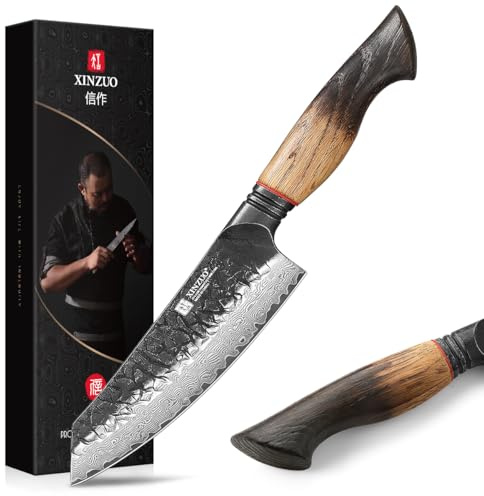 XINZUO 5.7 Inch Damascus Small Santoku Knife,67-Layer Damascus Steel Razor Sharp Blade,Multi-Purpose Kitchen Knife For Meat,Vegetables & All Tasks With White Oak + Red G10 Gasket Handle
