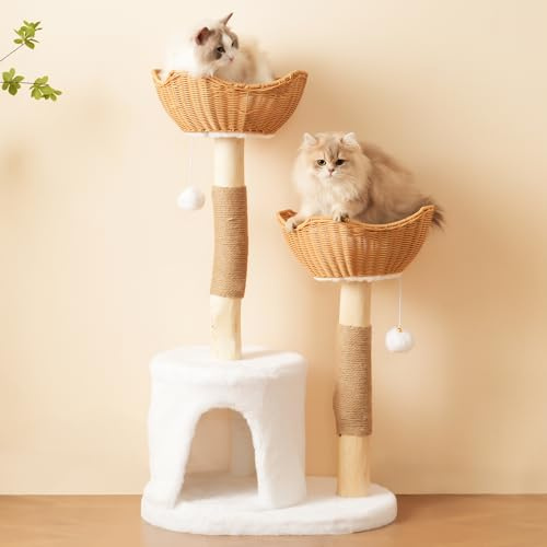 Árbol para gatos de madera maciza de 108 cm, rascador para gatos con 2 cestas y cueva, madera natural y sisal, con pelota de peluche y cojín grueso, árbol rascador sostenible para gatos grandes y