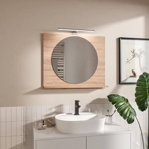 HAJDUK FURNITURE Badspiegel mit Beleuchtung und Ablage Eiche Sonoma H:60 x B: 70 cm Rund Spiegel ⌀55 cm Bathroom Mirror Moderner Badezimmer Spiegel Rechteckig Wandspiegel mit Regal LED-Gehäuse Chrom