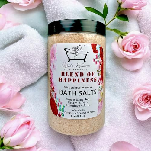 Blend of Happiness Mineral Bath Salts 500gr Dead Sea Salt, Epsom Salt & Pink Himalayan Salt | Infused with Sweet Orange & Geranium Essential Oils to Encourage Detoxification & Relieve Stress