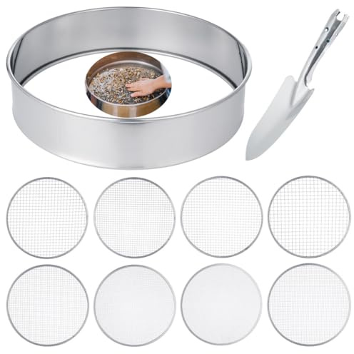 Juego de 10 tamices de tierra, tamiz de tierra de malla fina, tamiz de tierra para macetas de jardín, pala de suelo, tamiz de acertijo de acero inoxidable de 12 pulgadas con malla de filtro