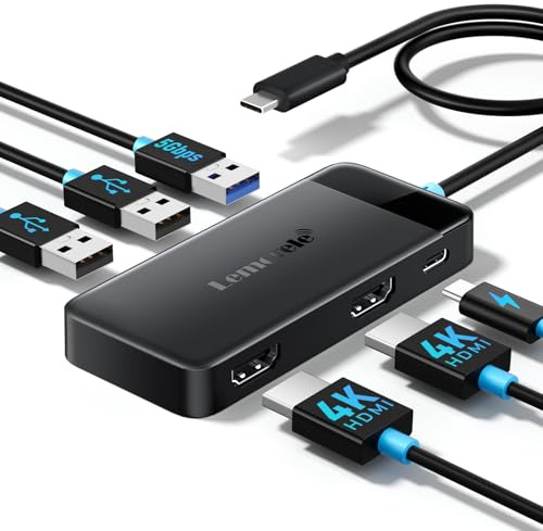 Estación de acoplamiento dual monitor, adaptador multipuerto USB C 6 en 1 con 2 HDMI 4K, USB 3.0 de 5 Gbps y 2 USB 2.0, carga PD de 100 W, base USB C para laptop Dell/HP/MacBook/Surface
