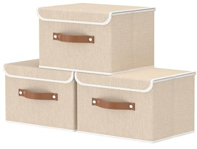 OUTBROS 3 Set Aufbewahrungsbox mit Deckel, Stoffboxen 26×20×17cm, Beige | Dekorative Aufbewahrungsboxen mit Griff, Kisten Aufbewahrung, Schrank Organizer Kleiderschrank, für Kleidung