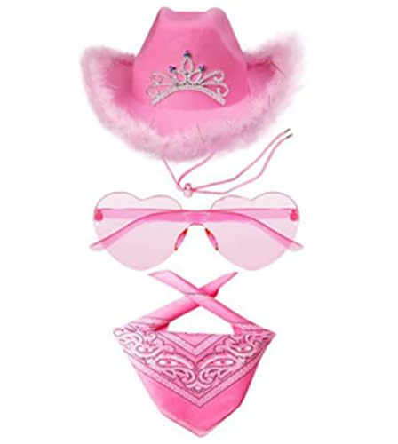 Rosa Cowboy Hut Damen CowboyHut Set Western Filzhut Mit Federtrimm Herz Brille Und Rosa Bandana Accessoires Cowgirlkostüm Pinker Cowboyhut Für Karneval Cosplay Party Halloween
