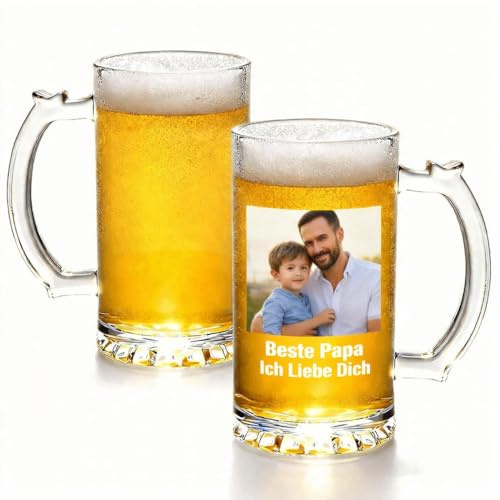 Personalisiert Bierglas mit Gravur - Papa Geschenk zum Vatertag - Glas Bierkrug mit Foto - Personalisierte Biergeschenke Vatertagsgeschenk für Papa, Opa, Männer, Bierglas
