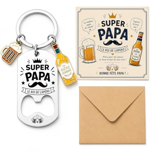 AHEZQILU Cadeau Fete Des Peres Porte-Clés Décapsuleur Super Papa - Idée Cadeau Anniversaire Papa& Fête Des Pères - Set Avec Carte De Vœux Et Enveloppe Kraft