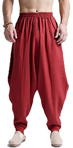 ONTTNO Men's Harem Pants Loose Stretchy Waist Casual Hippie Trousers (red)