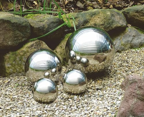 Spetebo Edelstahl Gartenkugel Silber 4er Set je 1x 10 cm - 15 cm - 20 cm | Metall Hohlkugel glänzend - Dekokugel Metalldeko Gartendeko Brunnen Teich Deko rund