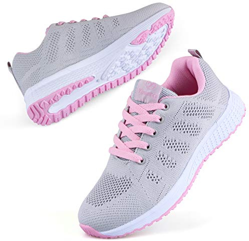Youecci Femmes Baskets de Courses Running Chaussures de Sport Outdoor D'athlétisme Sports Course Fitness Gym Athlétique Sneaker Rose Gris 43 EU