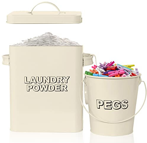 Denny International® Vintage Retro Laundry Powder Container Washing Tin Tablet Storage Box and Peg Can